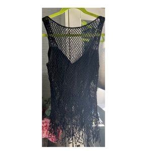 Cache Tank Top Size Small Black Woven Strappy Fishnet Back Womens New
